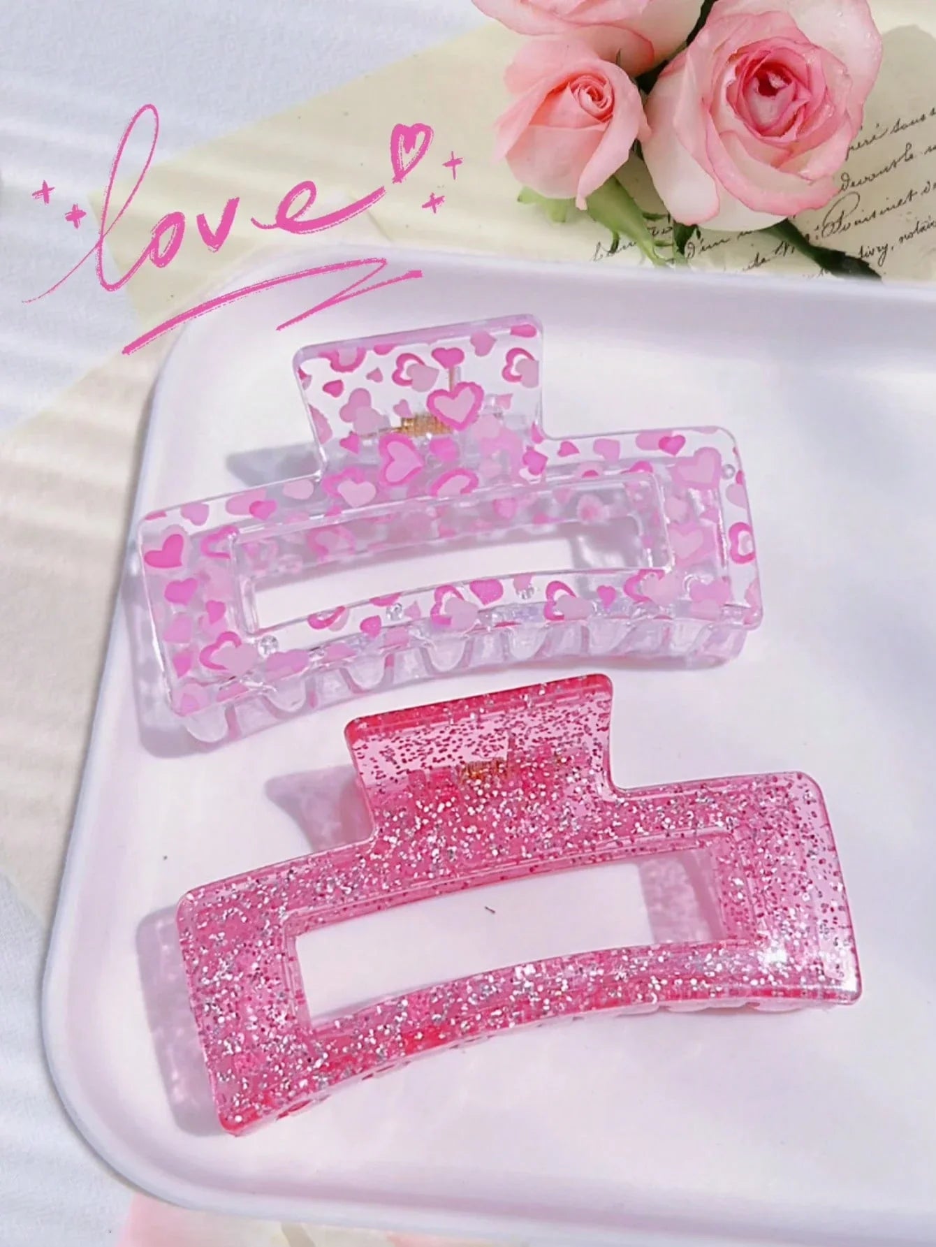 Fuchsia Heart Glitter Hair Clips